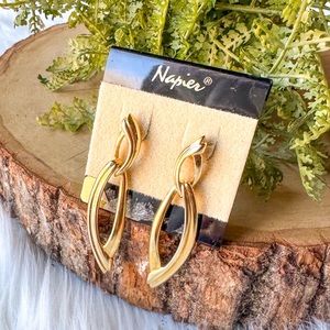 Vintage Napier Gold Chunky Statement Drop Hoop Earrings